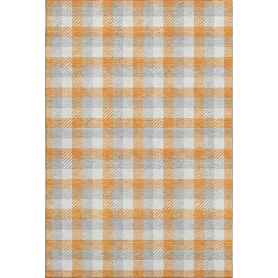 Orange Ivory And Gray Plaid Washable Area Rug With UV Protection Photo 1