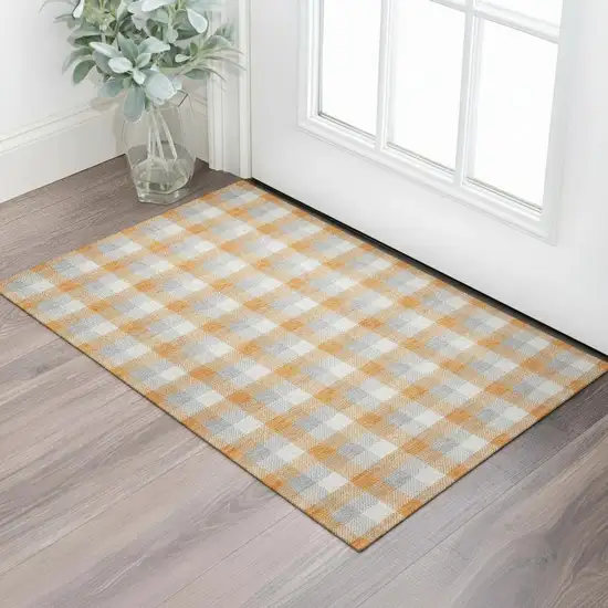 Orange Ivory And Gray Plaid Washable Area Rug With UV Protection Photo 2