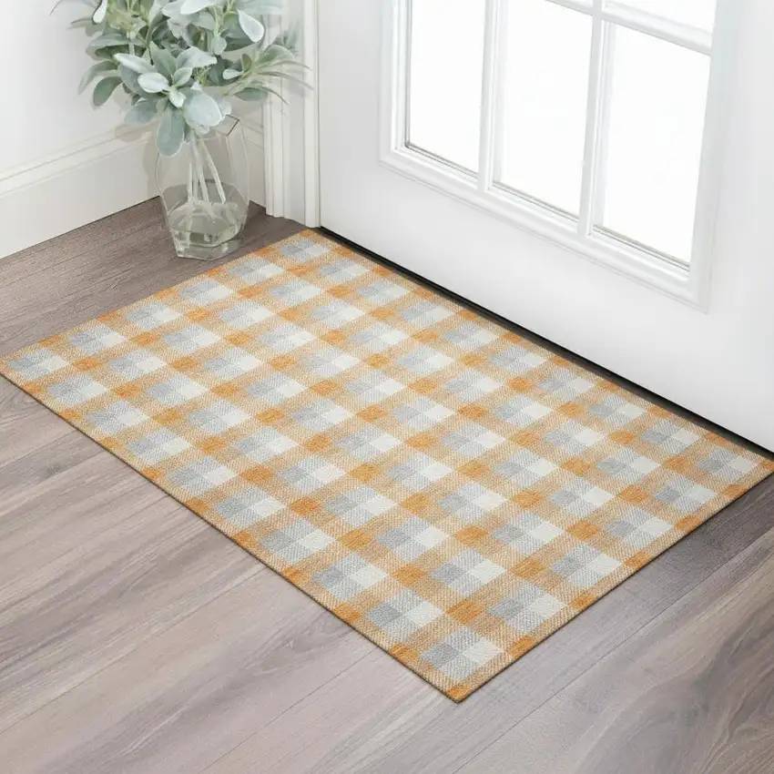 Orange Ivory And Gray Plaid Washable Area Rug With UV Protection Photo 2