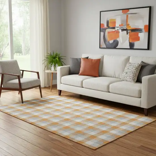 Orange Ivory And Gray Plaid Washable Area Rug With UV Protection Photo 2