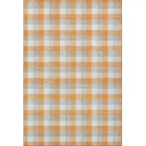 Photo of Orange Ivory And Gray Plaid Washable Area Rug With UV Protection