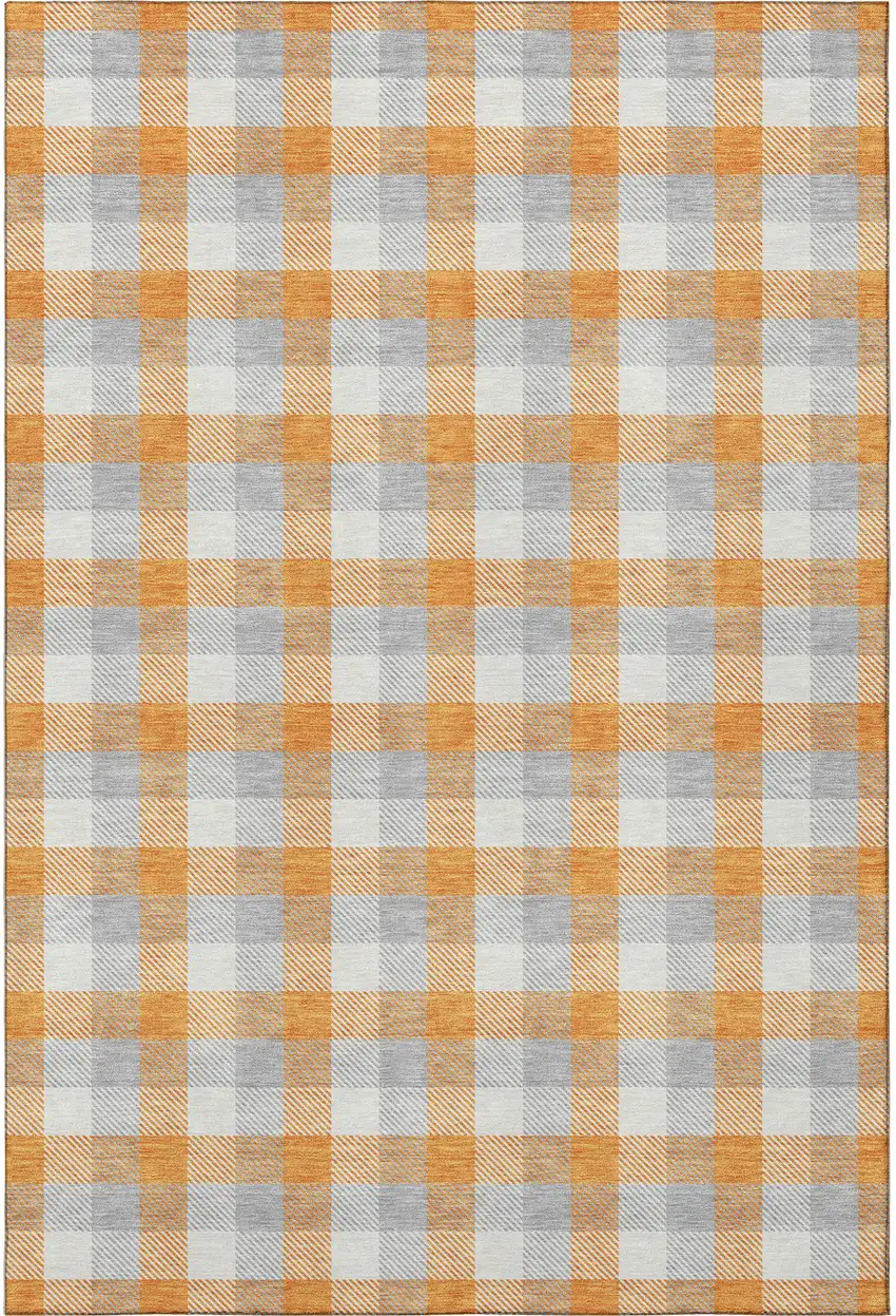 Orange Ivory And Gray Plaid Washable Area Rug With UV Protection Photo 3
