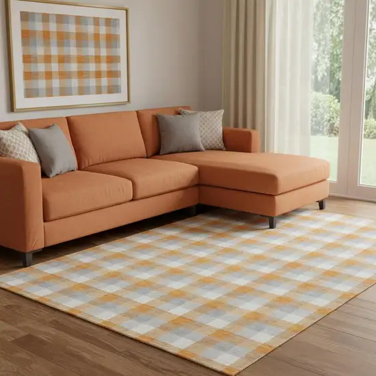Orange Ivory And Gray Plaid Washable Area Rug With UV Protection Photo 2