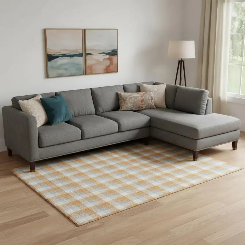 Orange Ivory And Gray Plaid Washable Area Rug With UV Protection Photo 2