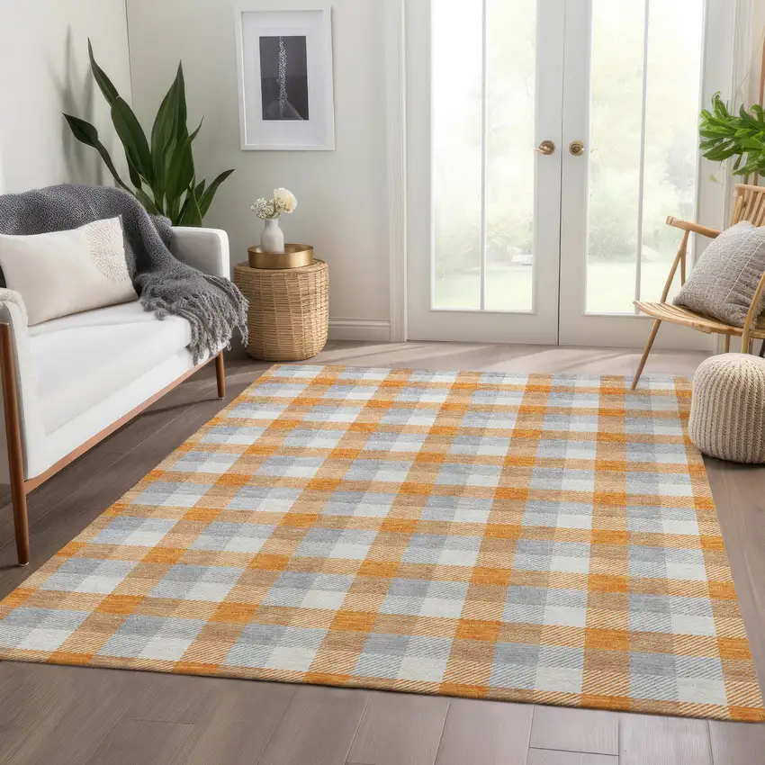 Orange Ivory And Gray Plaid Washable Area Rug With UV Protection Photo 5