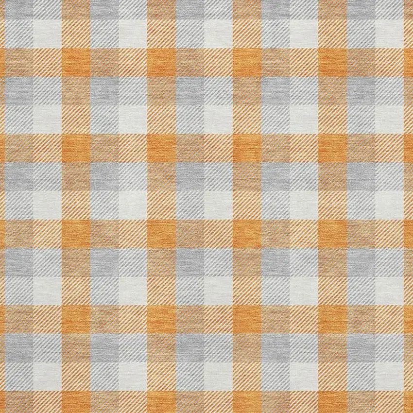 Orange Ivory And Gray Plaid Washable Area Rug With UV Protection Photo 2