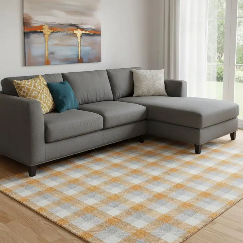 Orange Ivory And Gray Plaid Washable Area Rug With UV Protection Photo 2