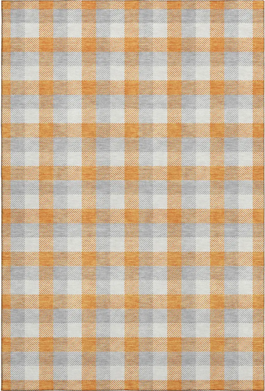 Orange Ivory And Gray Plaid Washable Area Rug With UV Protection Photo 1