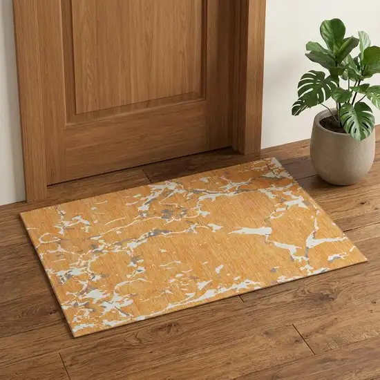 Orange Ivory And Gray Striped Washable Area Rug With UV Protection Photo 1