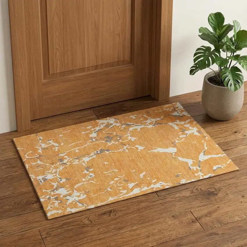 Orange Ivory And Gray Striped Washable Area Rug With UV Protection Photo 1