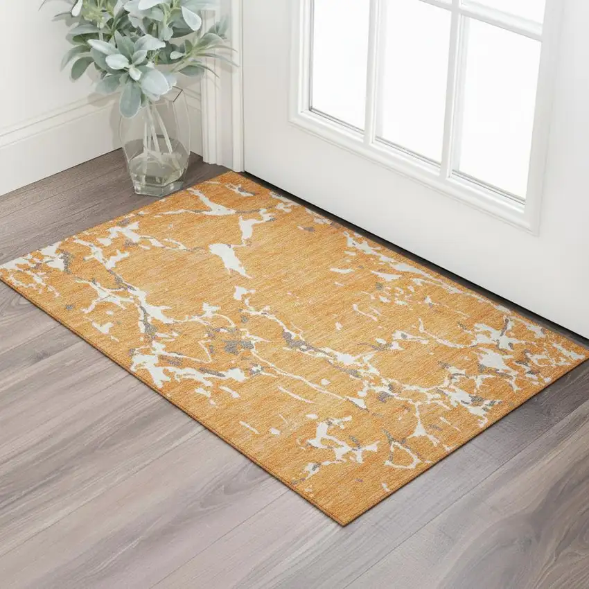 Orange Ivory And Gray Striped Washable Area Rug With UV Protection Photo 2