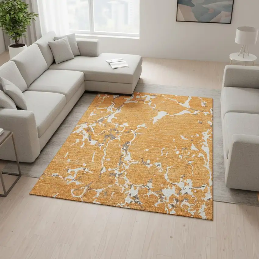 Orange Ivory And Gray Striped Washable Area Rug With UV Protection Photo 2