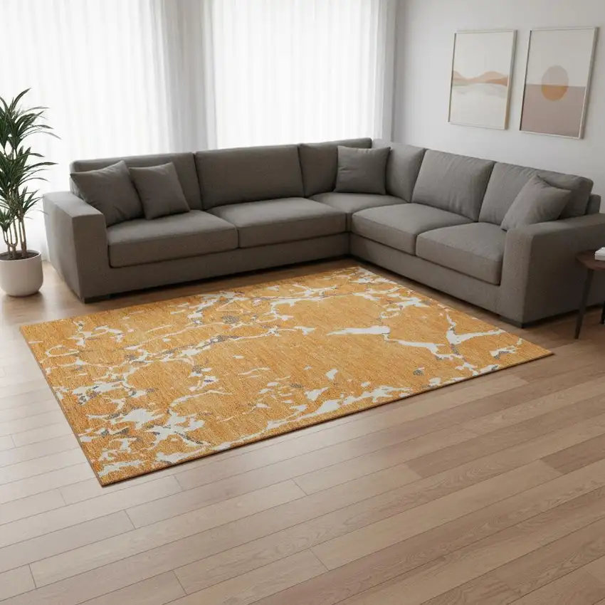 Orange Ivory And Gray Striped Washable Area Rug With UV Protection Photo 2