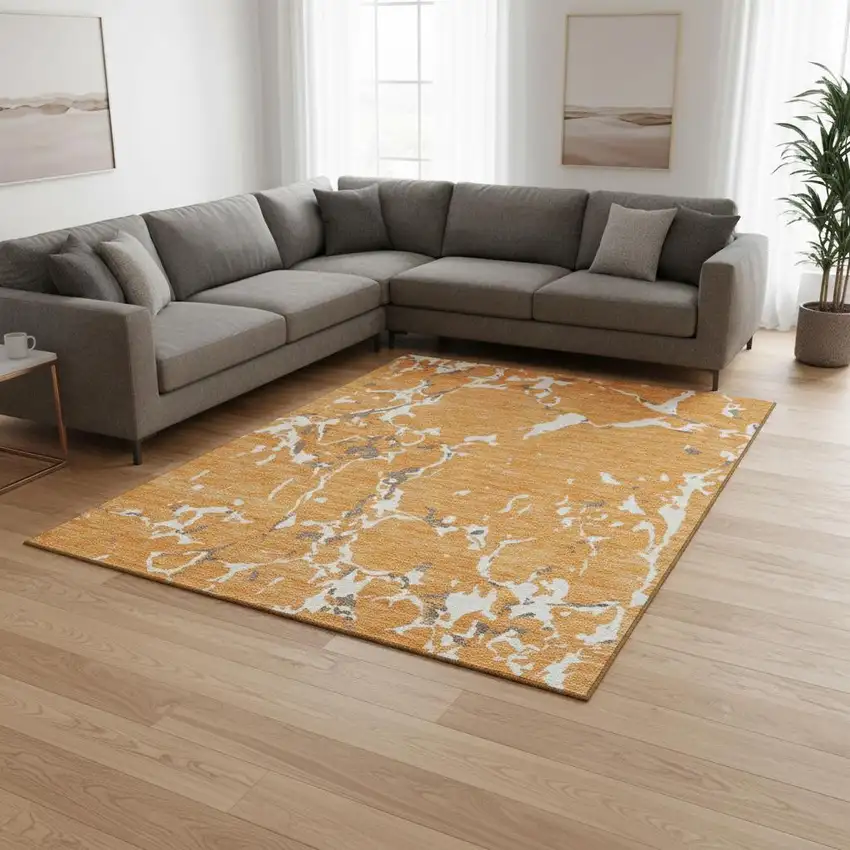 Orange Ivory And Gray Striped Washable Area Rug With UV Protection Photo 2