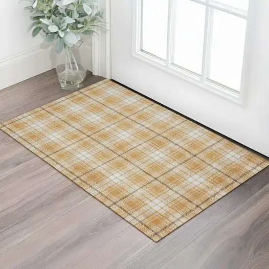 Orange Ivory And Navy Blue Plaid Washable Area Rug With UV Protection Photo 2