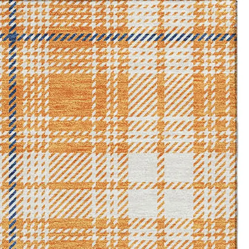 Orange Ivory And Navy Blue Plaid Washable Area Rug With UV Protection Photo 3