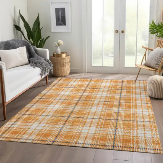Orange Ivory And Navy Blue Plaid Washable Area Rug With UV Protection Photo 5