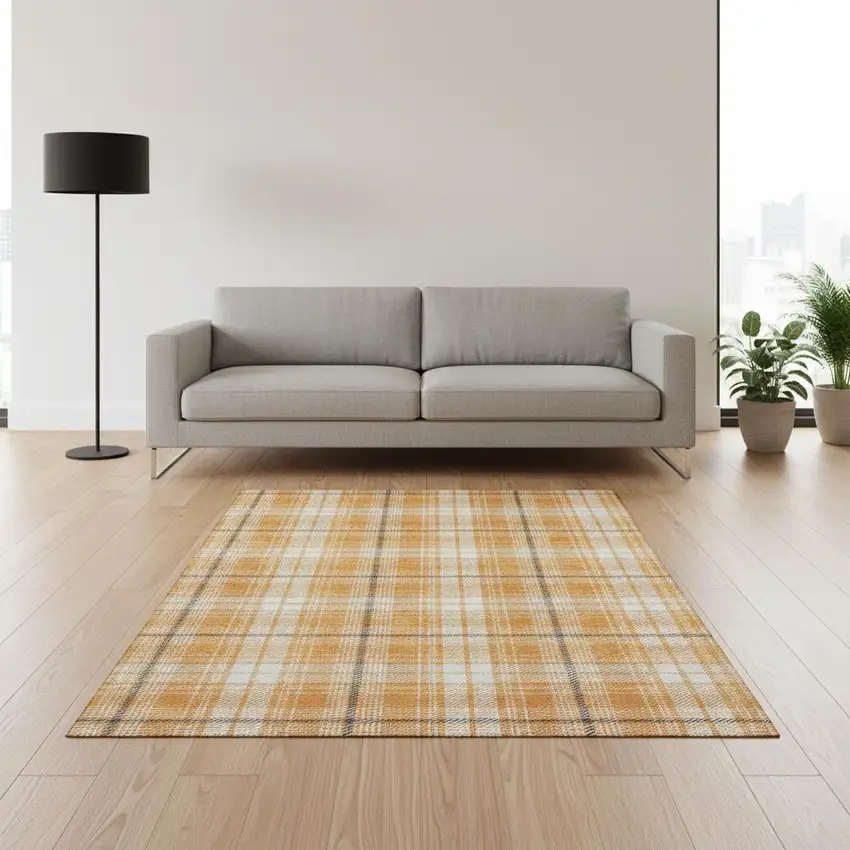 Orange Ivory And Navy Blue Plaid Washable Area Rug With UV Protection Photo 2