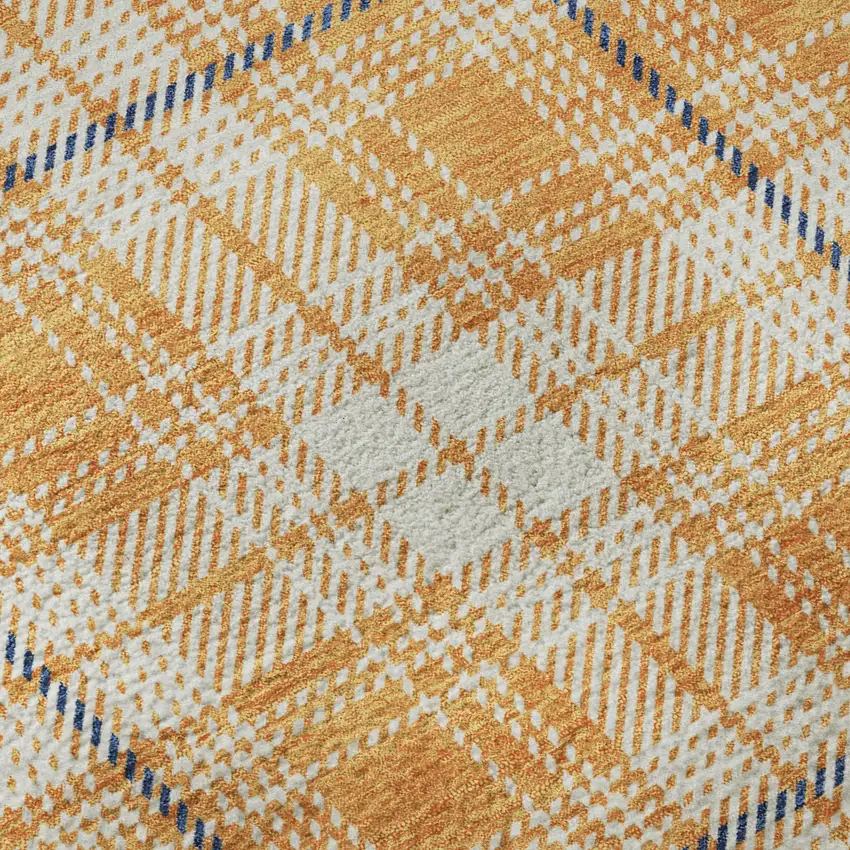Orange Ivory And Navy Blue Plaid Washable Area Rug With UV Protection Photo 9