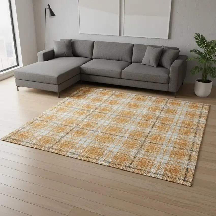 Orange Ivory And Navy Blue Plaid Washable Area Rug With UV Protection Photo 2