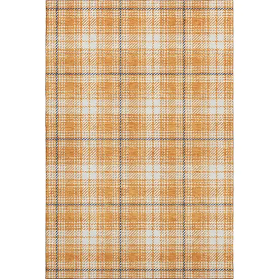Orange Ivory And Navy Blue Plaid Washable Area Rug With UV Protection Photo 1