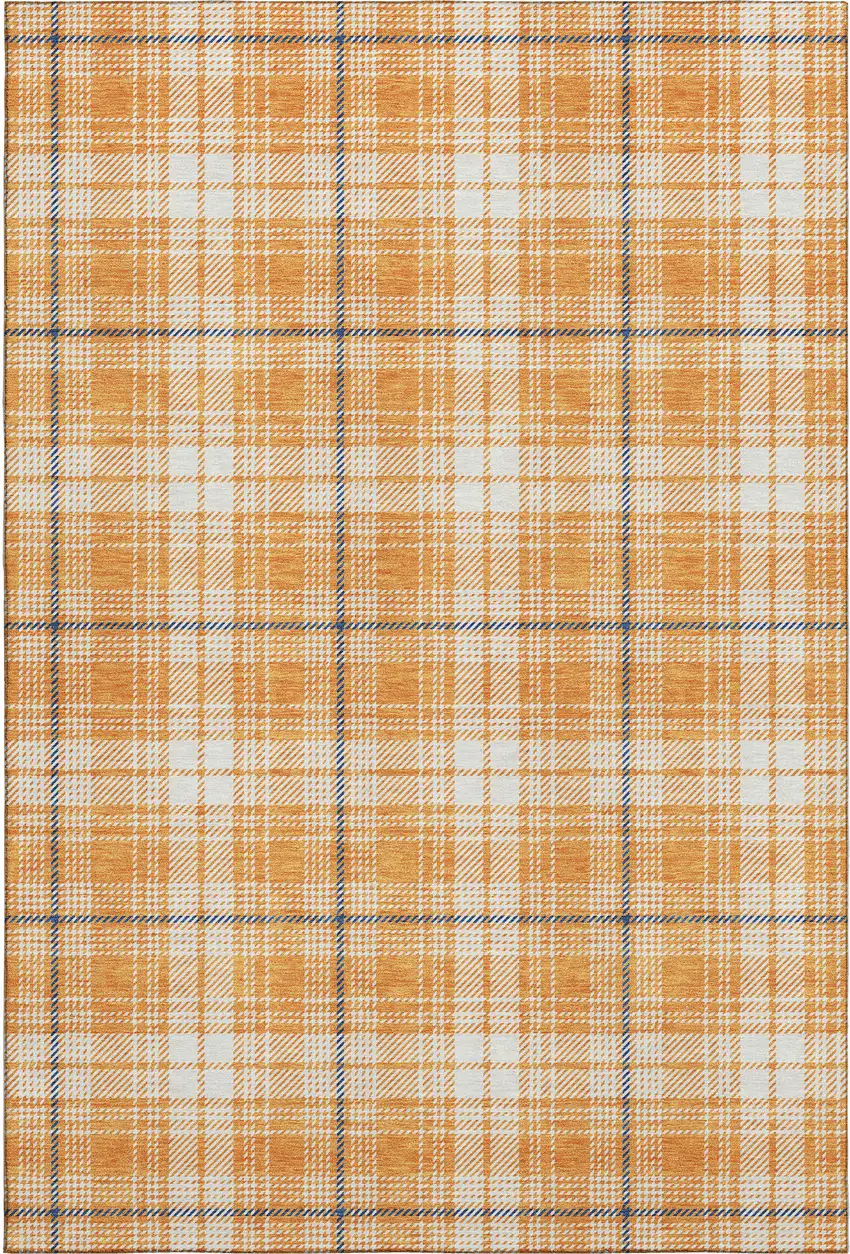 Orange Ivory And Navy Blue Plaid Washable Area Rug With UV Protection Photo 1