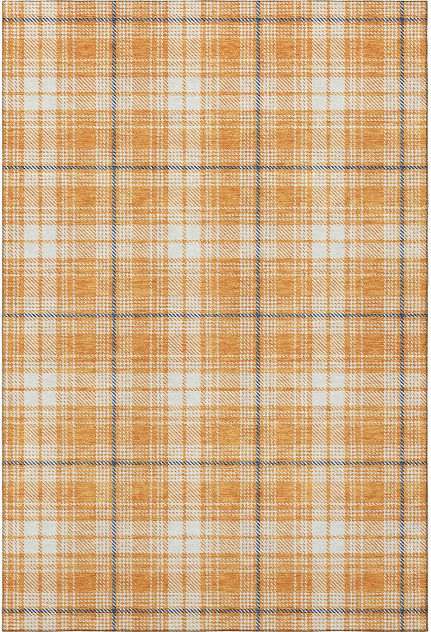 Orange Ivory And Navy Blue Plaid Washable Area Rug With UV Protection Photo 3