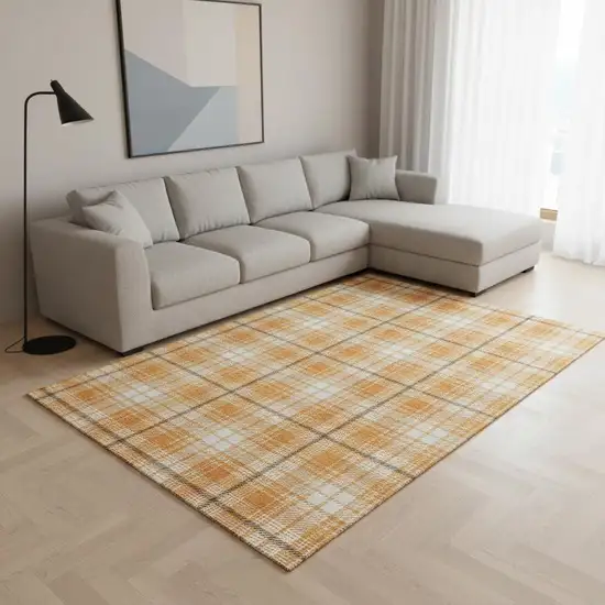 Orange Ivory And Navy Blue Plaid Washable Area Rug With UV Protection Photo 2