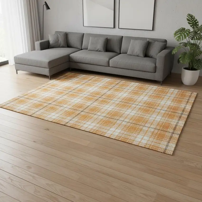 Orange Ivory And Navy Blue Plaid Washable Area Rug With UV Protection Photo 2