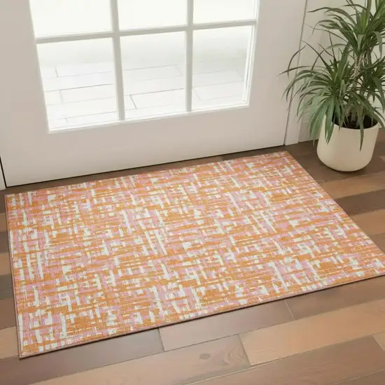 Orange Ivory And Pink Abstract Geometric Washable Area Rug With UV Protection Photo 2