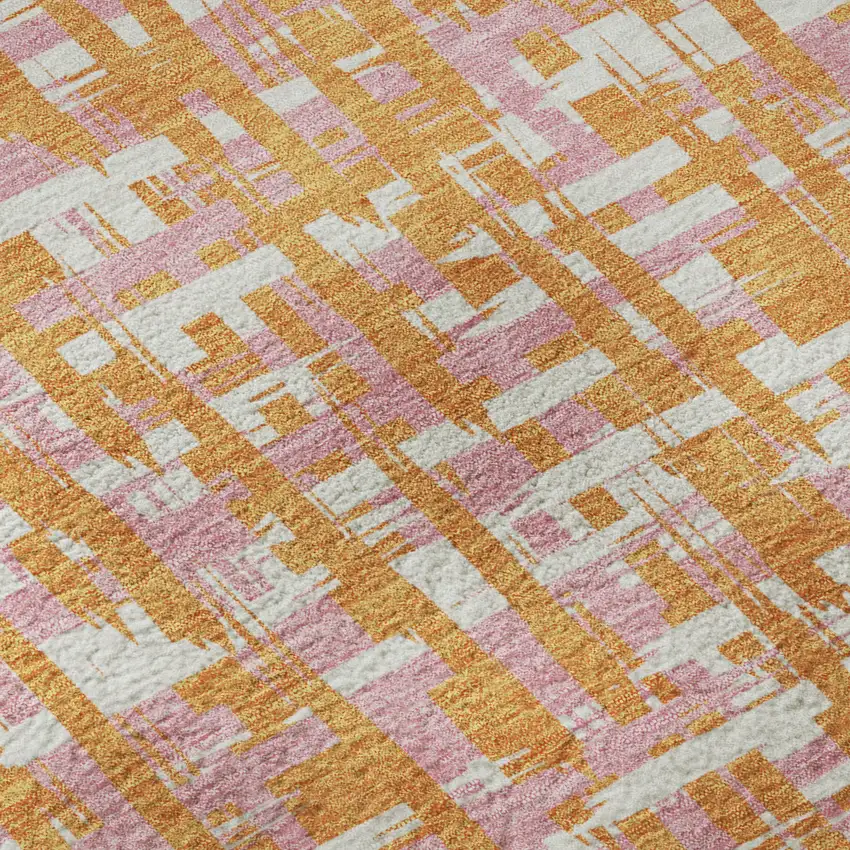 Orange Ivory And Pink Abstract Geometric Washable Area Rug With UV Protection Photo 9