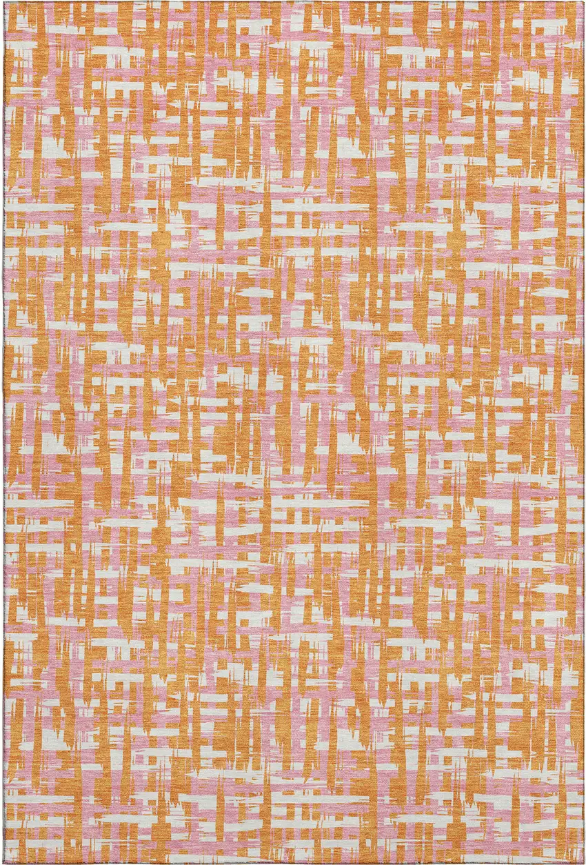 Orange Ivory And Pink Abstract Geometric Washable Area Rug With UV Protection Photo 1