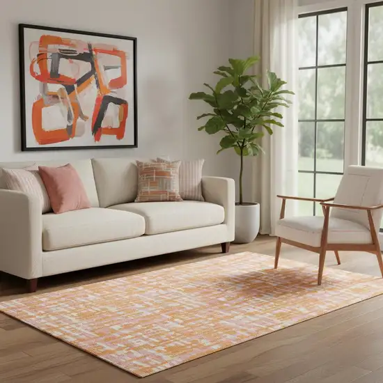 Orange Ivory And Pink Abstract Geometric Washable Area Rug With UV Protection Photo 2