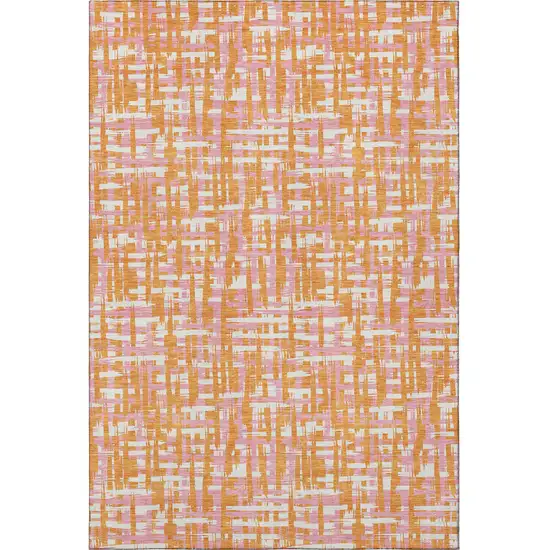 Orange Ivory And Pink Abstract Geometric Washable Area Rug With UV Protection Photo 3