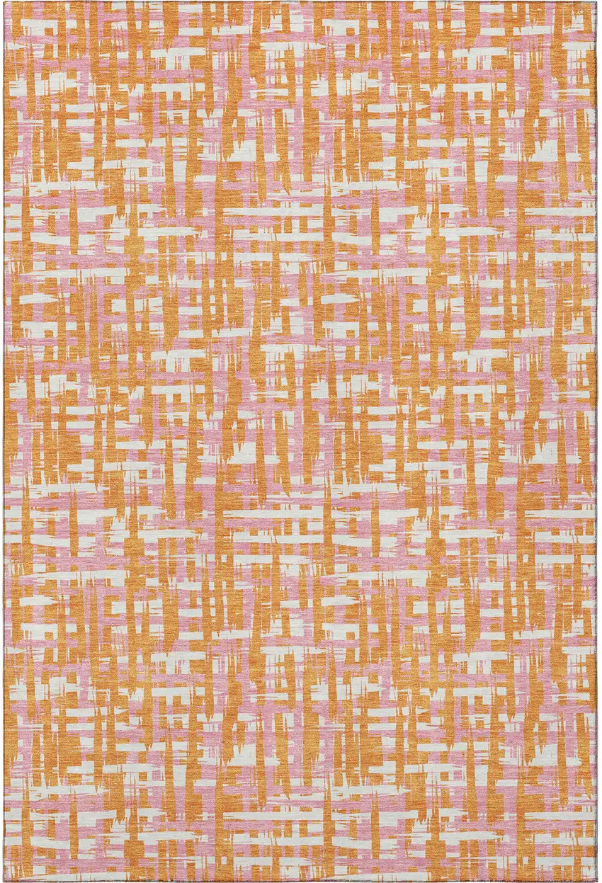 Orange Ivory And Pink Abstract Geometric Washable Area Rug With UV Protection Photo 3