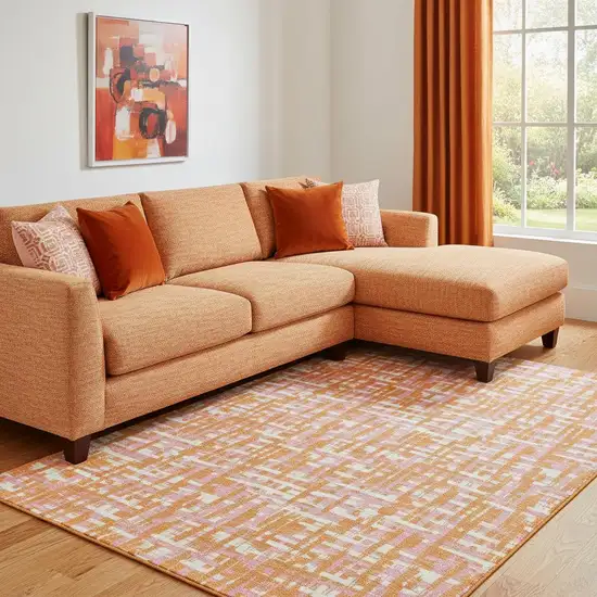Orange Ivory And Pink Abstract Geometric Washable Area Rug With UV Protection Photo 2