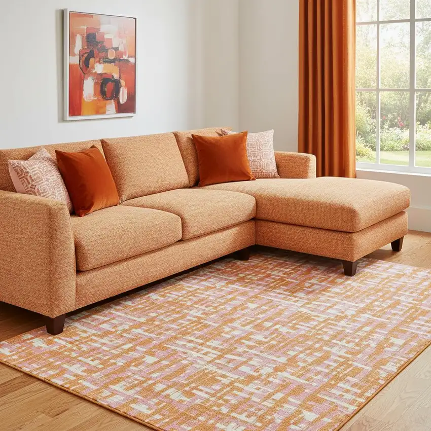 Orange Ivory And Pink Abstract Geometric Washable Area Rug With UV Protection Photo 2