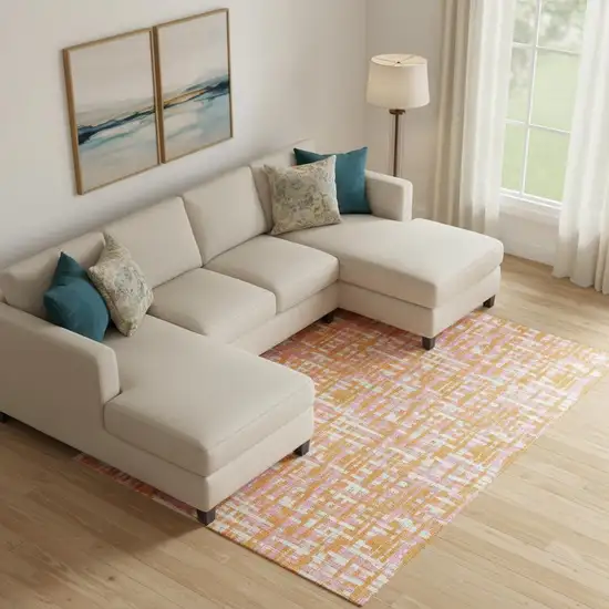 Orange Ivory And Pink Abstract Geometric Washable Area Rug With UV Protection Photo 2