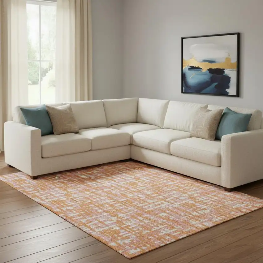 Orange Ivory And Pink Abstract Geometric Washable Area Rug With UV Protection Photo 2