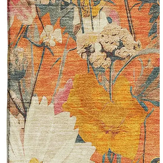 Orange Ivory And Pink Floral Washable Area Rug With UV Protection Photo 2