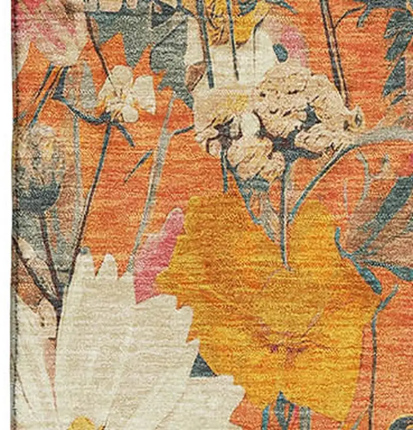 Orange Ivory And Pink Floral Washable Area Rug With UV Protection Photo 2