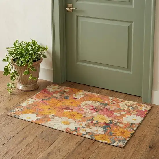 Orange Ivory And Pink Floral Washable Area Rug With UV Protection Photo 1
