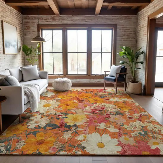 Orange Ivory And Pink Floral Washable Area Rug With UV Protection Photo 5