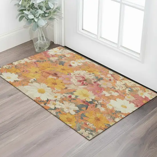 Orange Ivory And Pink Floral Washable Area Rug With UV Protection Photo 2