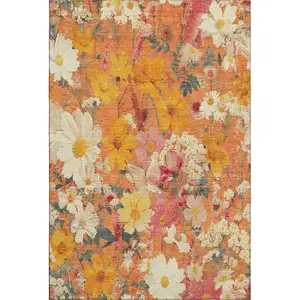 Photo of Orange Ivory And Pink Floral Washable Area Rug With UV Protection