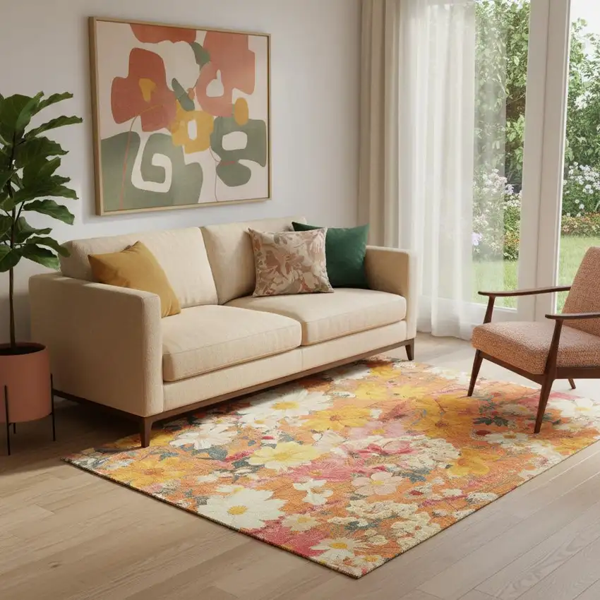 Orange Ivory And Pink Floral Washable Area Rug With UV Protection Photo 2