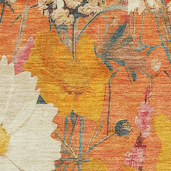 Orange Ivory And Pink Floral Washable Area Rug With UV Protection Photo 2