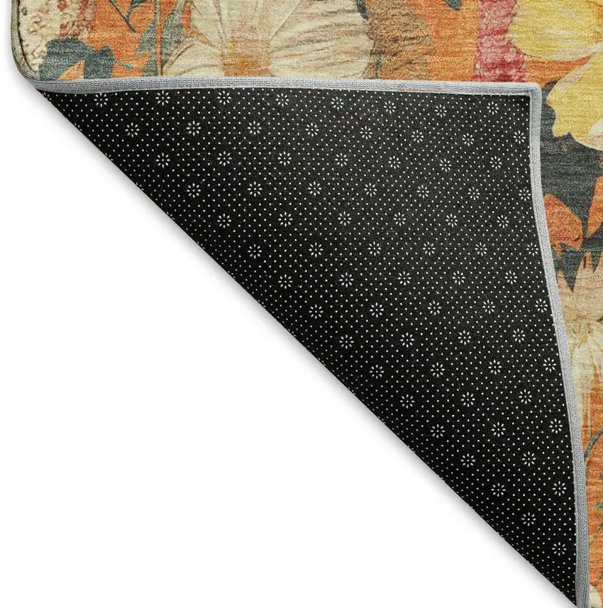 Orange Ivory And Pink Floral Washable Area Rug With UV Protection Photo 6