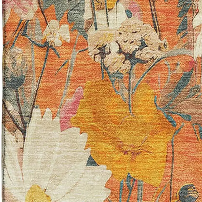 Orange Ivory And Pink Floral Washable Area Rug With UV Protection Photo 2