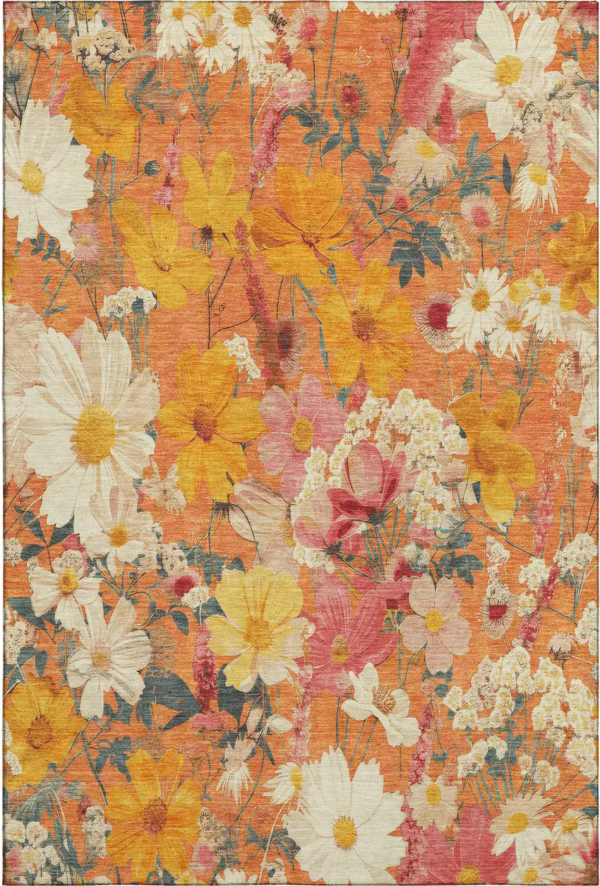 Orange Ivory And Pink Floral Washable Area Rug With UV Protection Photo 1